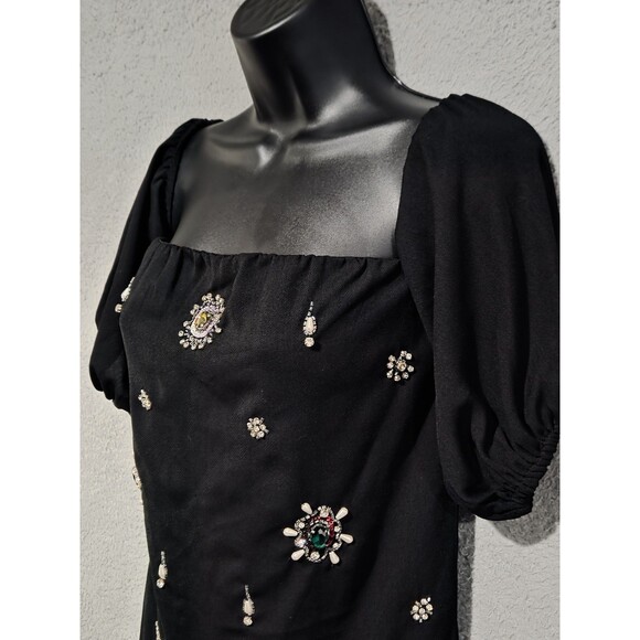 Corey Lynn Calter Mini Dress Womens XS Black Embellished Puff Sleeve Beaded Gem - Picture 2 of 8